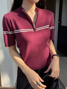 DAZY 春夏红色新年圣诞条纹撞色宽松休闲办公通勤优雅圆领短袖针织衫女款 - 紅色 - 查看 7
