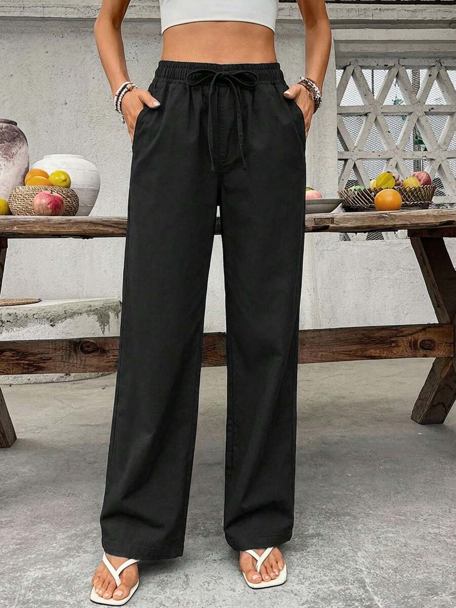 SHEIN Holidaya Quần jeans nữ ống đứng dáng rộng, màu trơn, cạp chun, dây rút, túi hông. - màu đen - Xem 1