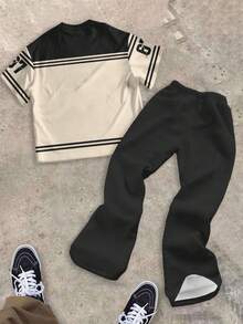 SHEIN Bộ 2 món cho bé trai tuổi teen: áo thun cổ tròn và quần ống loe, trang phục mùa hè thường ngày, phong cách đường phố hip-hop cổ điển với dòng chữ và hình in "6, 7, Six & Seven", kiểu dáng thể thao bóng chày, phong cách Y2K. - Nhiều màu - Xem 2