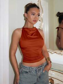 Glamine Elegant Red Christmas Party Sleeveless Spaghetti Strap Top For Women, Winter Silk Top Sleeveless Top Rust Brown Top Brown Crop Top Draped Neck Top - Orange - View 1