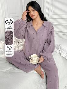 Dazy Plus 2pcs Plus Size Women Ditsy Floral Loose Top With Lace Trim And Casual Pants Pajama Set, Elegant Home Wear - Dusty Purple - View 1