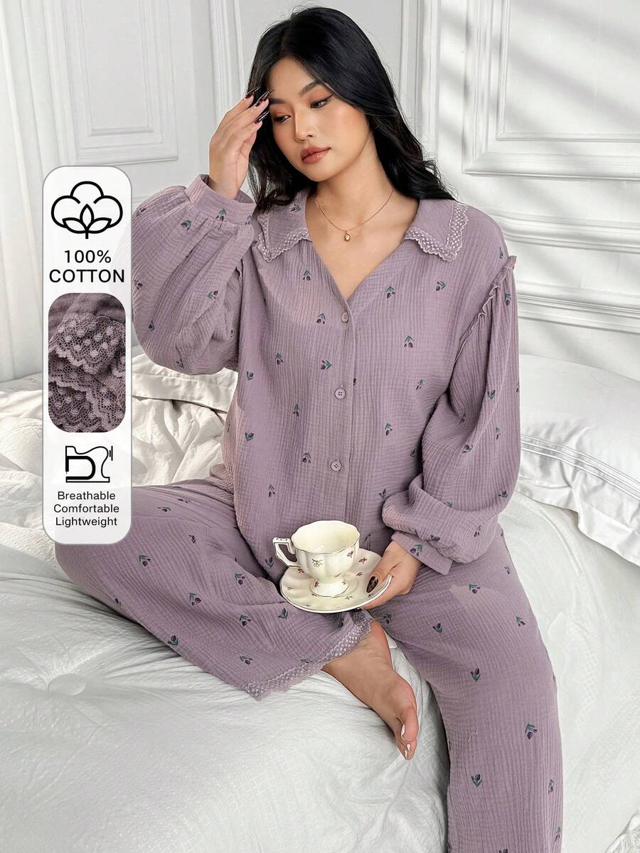 Dazy Plus 2pcs Plus Size Women Ditsy Floral Loose Top With Lace Trim And Casual Pants Pajama Set, Elegant Home Wear - Dusty Purple - View 1