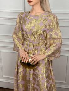 DAZY Women's Elegant Floral Print Round Neck Puff Sleeve Long Dress, Spring/Summer - Pink - View 5