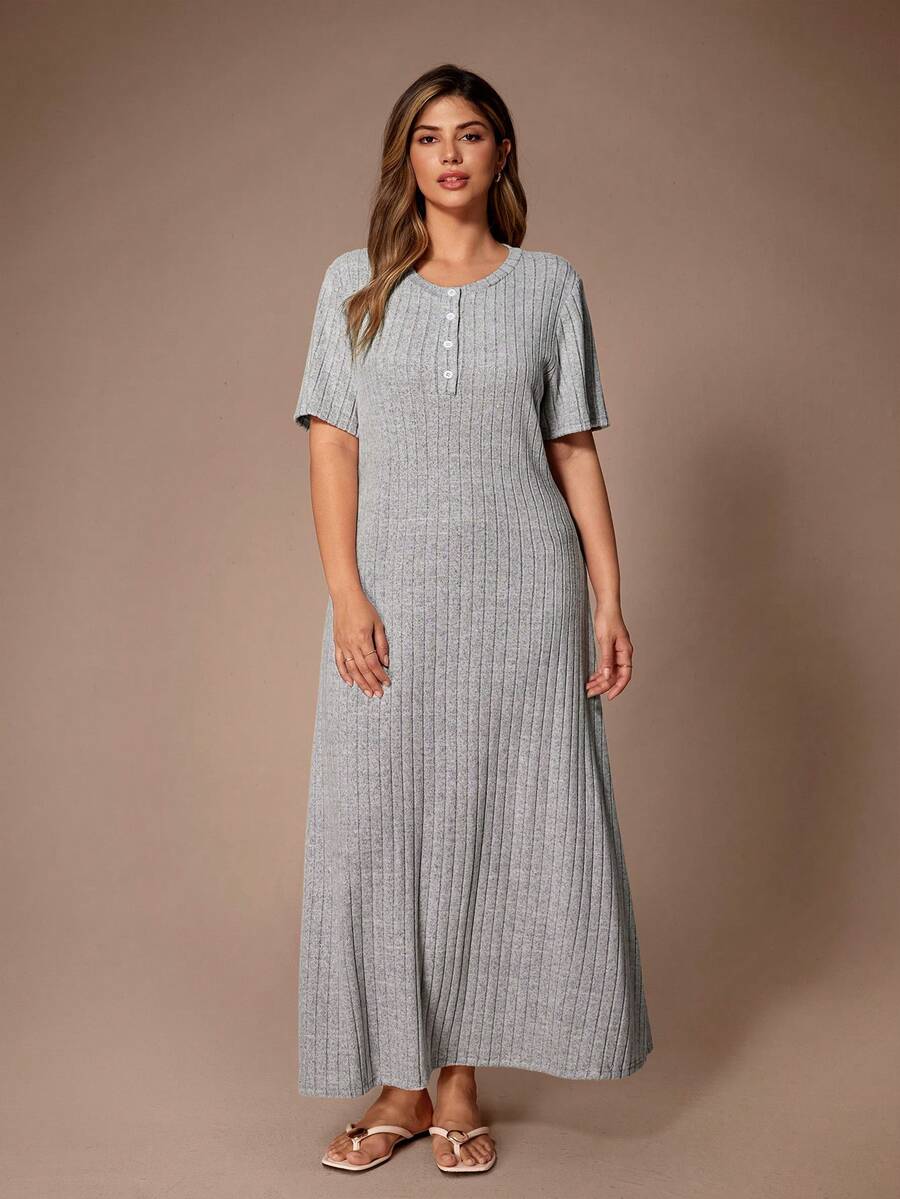 Lazeform Đầm ôm sát tay ngắn màu trơn, cổ tròn, cài cúc, dáng suông, cỡ lớn, kiểu dáng thanh lịch, tôn dáng. - Xám - Xem 1