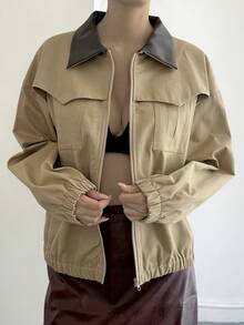 Livesso Women's Casual Patchwork Collar Jacket, Daily Wear, Winter - Khaki - View 3