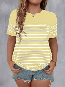 大码女式夏季条纹印花圆领短袖休闲T恤图案上衣 - 杏色 - 查看 5