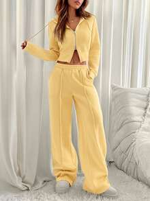 SHEIN EZwear 女士休闲连帽卫衣和运动裤套装（2件套），米黄色，浅黄色运动服套装，春秋季 - 鵝黃色 - 查看 5