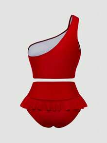 Sweetra New Plus Size Women Burgundy High Waist Ruffled Trim Bikini Two Pieces Swimwear - Red - View 2
