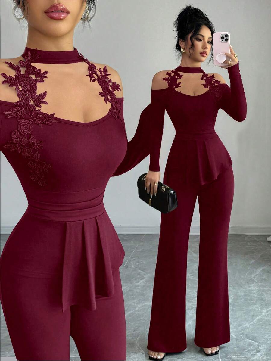Elenzga 优雅性感女士派对/约会/通勤两件套：蕾丝边露背不对称下摆长袖上衣和修身纯色喇叭裤，秋冬款 - 酒紅色 - 查看 1