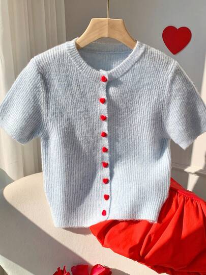 Comfortcana Cardigan Wanita Warna Biru Muda Berbulu dengan Kancing Hati dan Leher Bulat, Sweater Lengan Pendek Elegan, Lembut & Nyaman, Atasan Kasual & Serbaguna untuk Kencan Musim Gugur Gaya Y2k