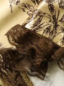 DAZY Floral Print Satin Lace Ruffle Trim Women Pajama Set - Gold - View 9