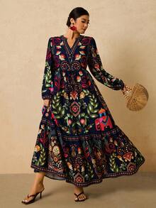 Travachic 大码女式波西米亚花卉印花长袖连衣裙，休闲度假装 - 藏蓝色 - 查看 6