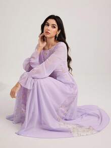 Modelyn 女士网纱刺绣拼接雪纺长袖喇叭连衣裙 - 淡紫色 - 查看 3