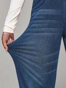 SHEIN PETITE Casual Washed High Waist Straight Leg Jeans - Medium Wash - View 4