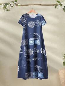 Rusticease Women's Fashionable Tie-Dye Patchwork Shirt Dress,Navy Blue And White Summer Boho Vacation Holiday Short Sleeve Casual Maxi Outfit For Women - Multicolor - View 1