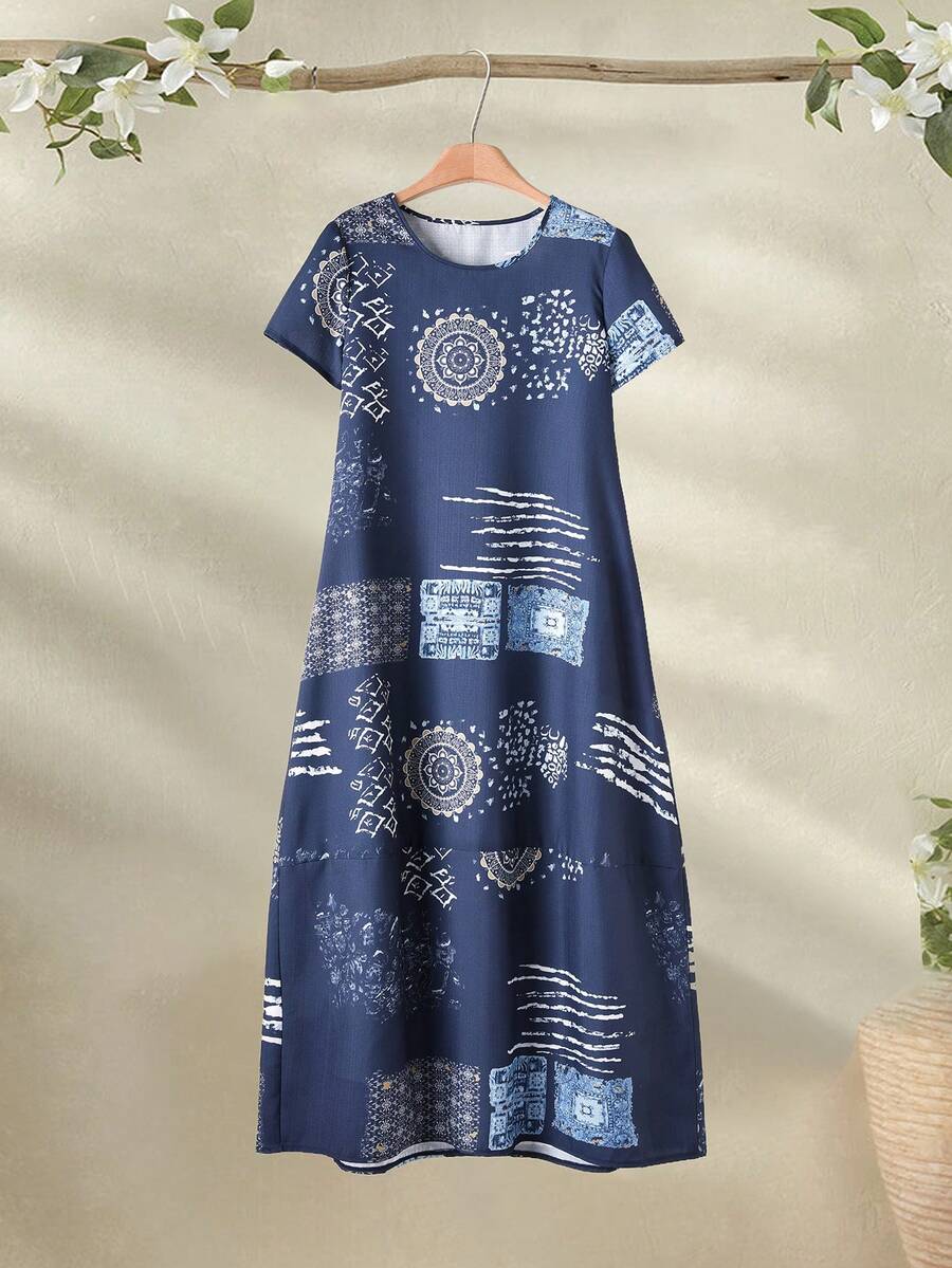 Rusticease Women's Fashionable Tie-Dye Patchwork Shirt Dress,Navy Blue And White Summer Boho Vacation Holiday Short Sleeve Casual Maxi Outfit For Women - Multicolor - View 1
