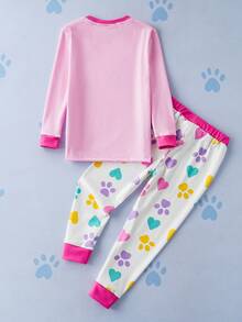 SHEIN | PAW Patrol 2pcs/Set Young Girl Cute Cartoon Puppy Print Crew Neck Long Sleeve Top And Pants Knit Comfortable Stretchy Snug Fit Pajama Set - Pink - View 2