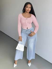 Alexandranx Sexy Solid Color Knitted Elastic Round Neck Tie Decor Long Sleeve Bodycon Snap Button Decorated Casual Women T-Shirt Fall Cloth For Women - Baby Pink - View 5