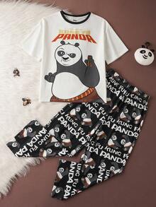 SHEIN Kung Fu Panda Tween Boy Comfortable Panda Print Short Sleeve T-Shirt And Pants Pajama Set, Summer - Black and White - View 1