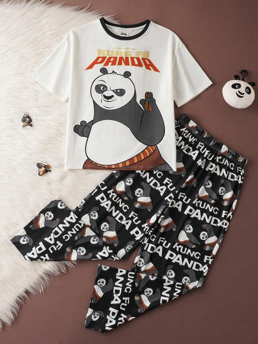 SHEIN Kung Fu Panda Tween Boy Comfortable Panda Print Short Sleeve T-Shirt And Pants Pajama Set, Summer - Black and White - View 1
