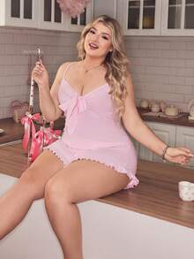 SweetSlumber 浪漫可爱胸前褶皱系带蝴蝶结荷叶边修身加大码连体睡衣 - 粉色 - 查看 5