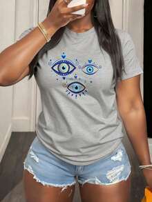 Camiseta de Manga Corta  con Estampado de Ojos Azules y Corazones para Mujer Estilo Casual Verano - Gris - Ver 8