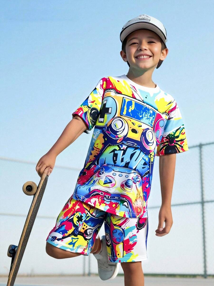 SHEIN Fantacosmos 2件組青少年男孩電玩圖案短袖T恤與短褲套裝,大膽潑墨遊戲手柄設計,白色,夏季,街頭風,城市度假,休閒穿搭 - 彩色 - 查看 1