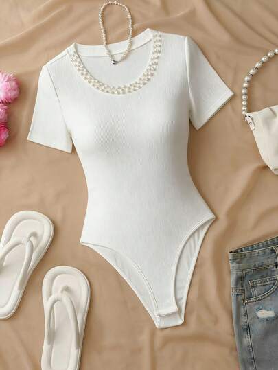 SHEIN Franclia Women's Fashionable Pearl Collar Bodysuit, Casual Vacation Bodysuit, Spring/Summer