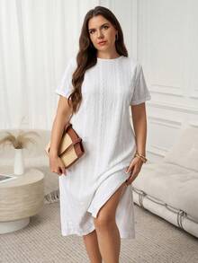 SHEIN LUNE 大码女式圆领短袖烧花刺绣休闲直筒连衣裙 - 白色 - 查看 7