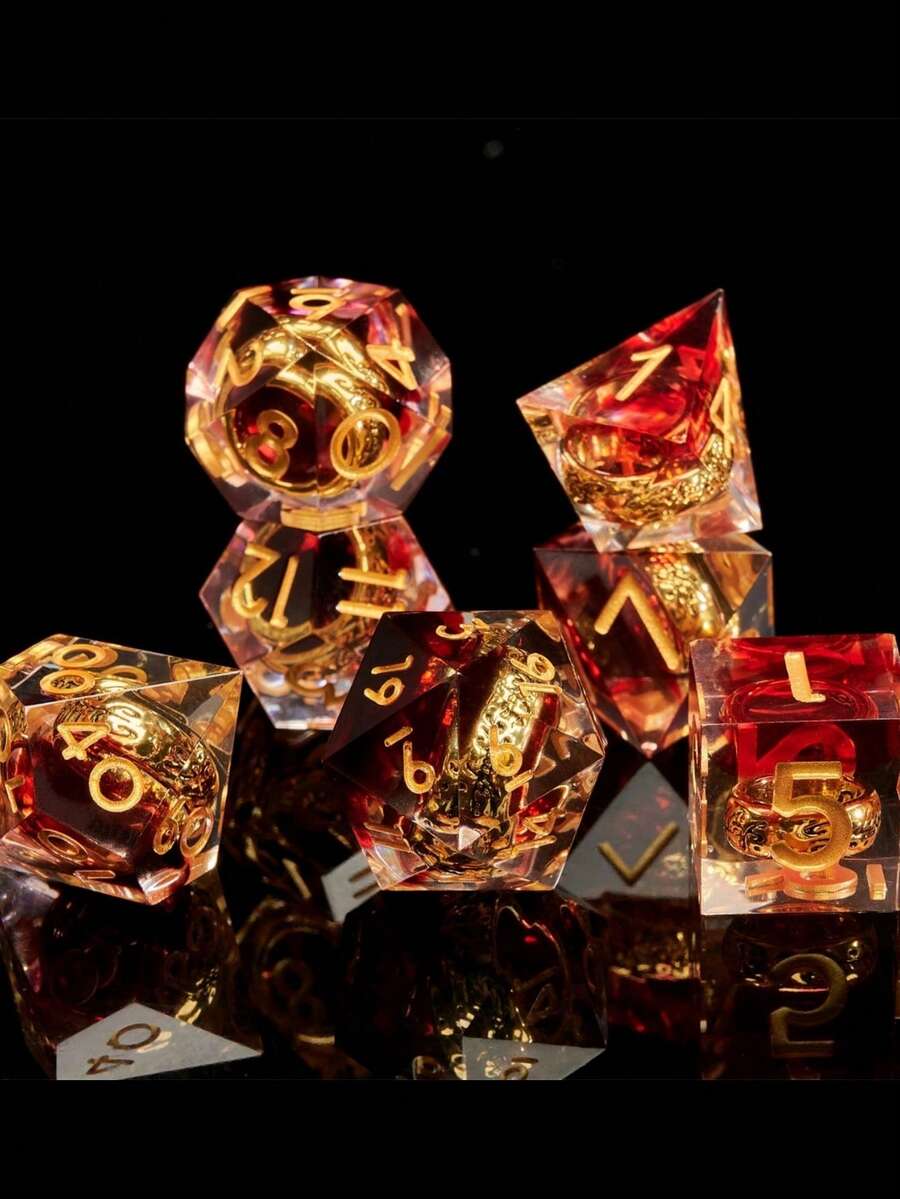 7pcs Inspired By Rings Geometric Faceted Dice Set, Suitable For Role-Playing Games - Red RPG Dice Set - Red - View 1