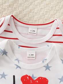 2件套新生儿长袖连脚连体睡衣套装，针织面料，可爱款式，饰有星星、条纹、数码印花和字母图案 - 彩色 - 查看 7