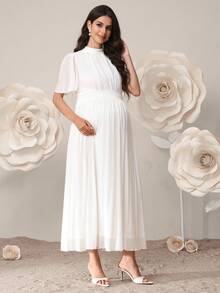 SHEIN Đầm bầu màu trơn cổ đứng tay ngắn xếp nếp thanh lịch - trắng - Xem 6