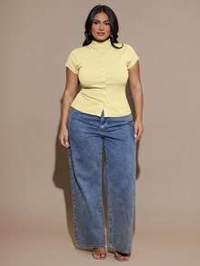 SHEIN BAE Áo thun nữ cỡ lớn, màu trơn, cổ cao, tay ngắn, cài nút phía trước. - Màu vàng - Xem 3