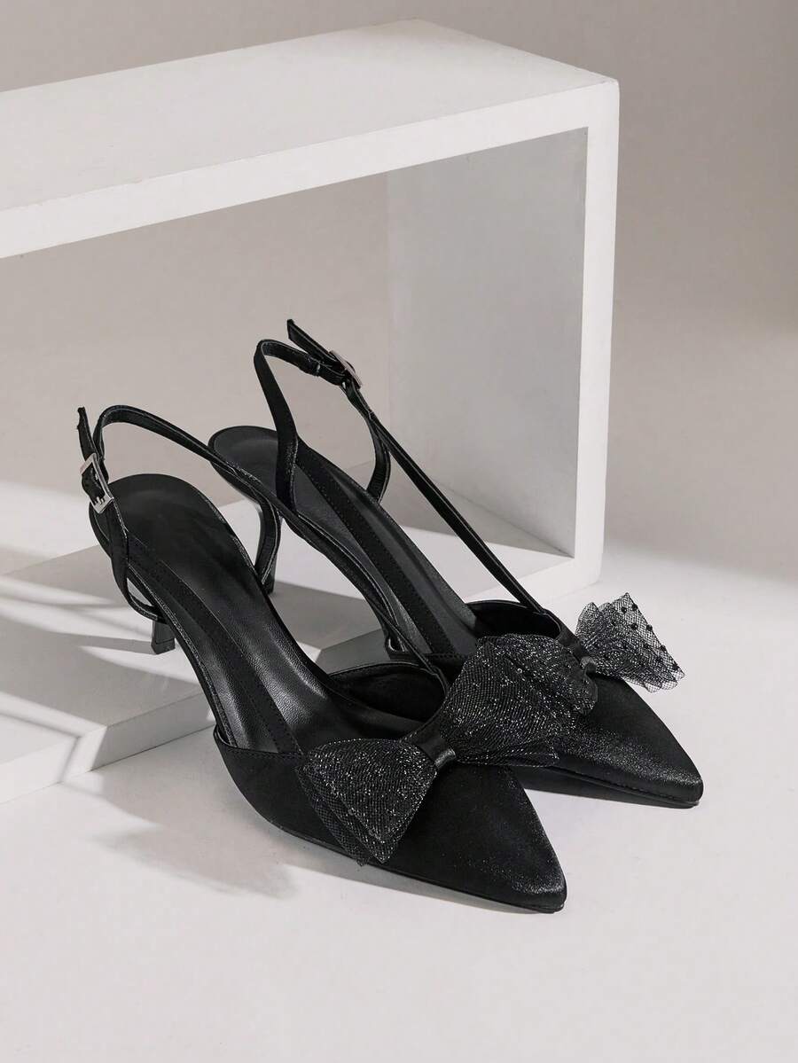 SHUZIA 女士优雅水钻网纱后跟带高跟鞋 - 黑色 - 查看 1