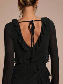 SHEIN BAE 女士纯色荷叶边V领长袖露背系带腰身时尚短裙 - 黑色 - 查看 2