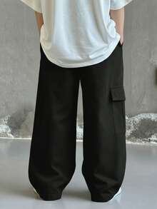 Tween Boys' Casual Everyday Comfortable Cargo Pocket Straight Leg Loose Fit Pants, Black Cargo Pants, Suitable For Outings, Dates, School, Spring, Summer, Fall, Winter - Black - View 3