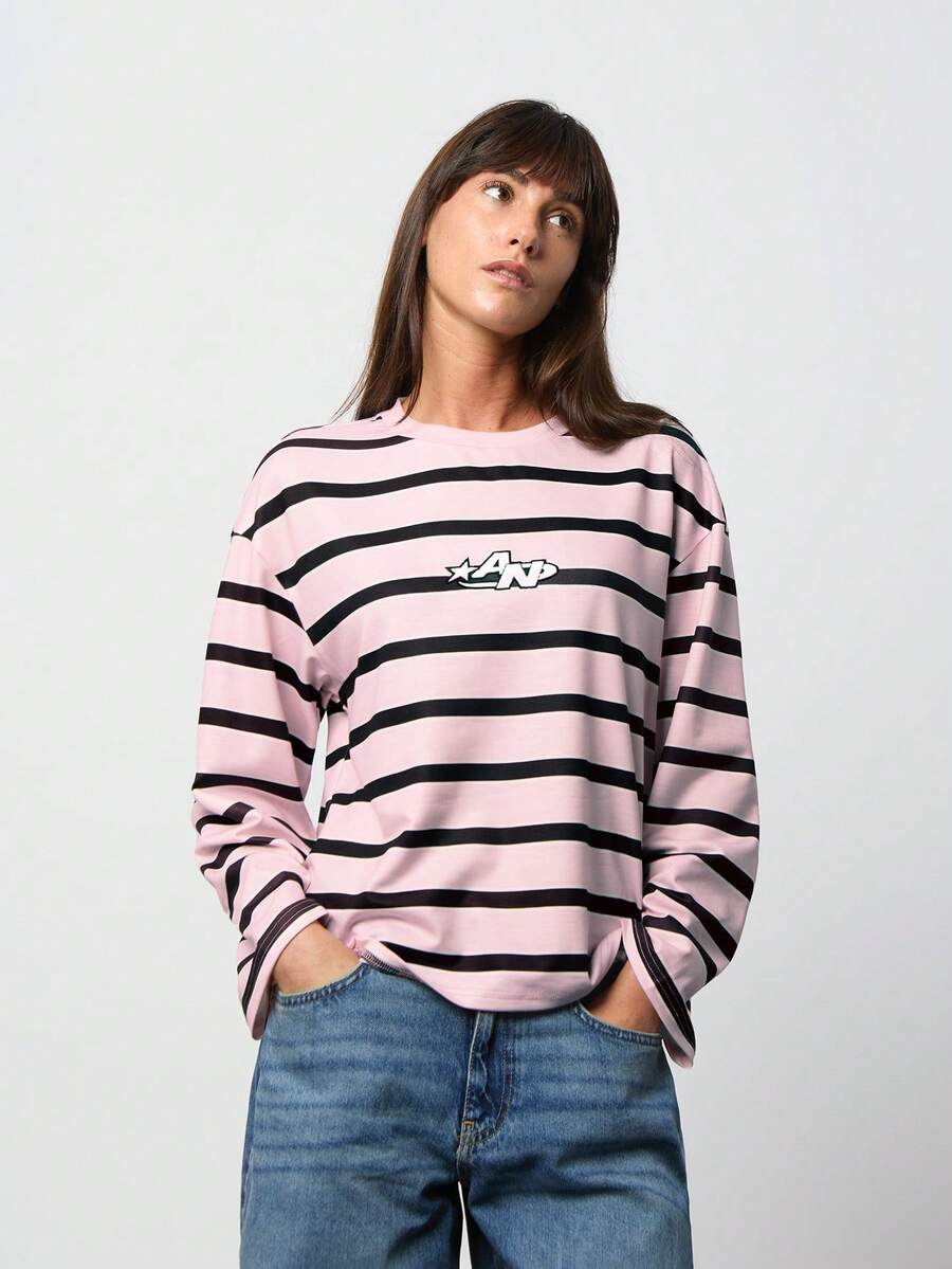 SURIMA Women's Casual Stripes Round Neck Striped English Letter Embroidered Long Sleeve Sweatshirt - Pink - View 1