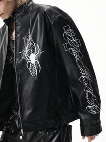 ROMWE MEN Goth Men's Fashion Spider Web & Letter Print Jacket - Black - View 9