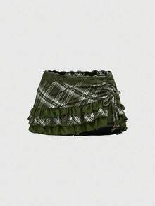 ROMWE Avant Women's Retro Collegiate Style Patterned Lace Patchwork Asymmetrical Mini Skirt - Army Green - View 1