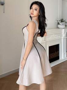 Modelyn Women's Elegant Commuter Contrast Trim Sleeveless Waist Cinched Mini Dress - Khaki - View 2