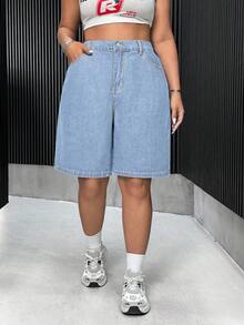 SHEIN ICON 大码纯色休闲牛仔短裤 - 淺色水洗藍 - 查看 1