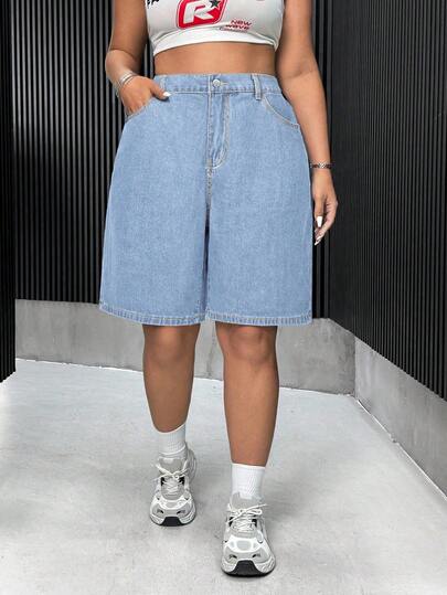 SHEIN ICON Plus Size Solid Color Casual Denim Shorts
