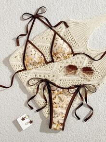 Swim Vcay 香槟色闪亮面料抹胸比基尼套装，侧边系带，适合海滩派对、下午茶、夏季等场合。 - 彩色 - 查看 5