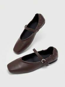 CUCCOO BIZCHIC 女士方头哑光深棕色简约高端通勤商务休闲办公平底玛丽珍鞋 - 咖啡棕 - 查看 5