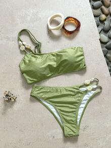 Swim Chiccia Women Elegant Beaded Wavy Fabric Side Hollow Green Bikini Set, Spring/Summer - Green - View 3