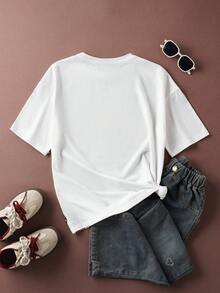 SHEIN Kung Fu Panda Tween Girls' Casual Letter & Cartoon Graphic Round Neck Short Sleeve T-Shirt, Summer - White - View 2