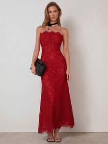 COSMINA 女士优雅收腰蕾丝拼接连衣裙，夏季连衣裙，适合派对、活动、婚礼等场合，红色正式礼服，红色抹胸连衣裙，红色蕾丝连衣裙，红色婚礼宾客礼服，情人节 - 紅色 - 查看 6
