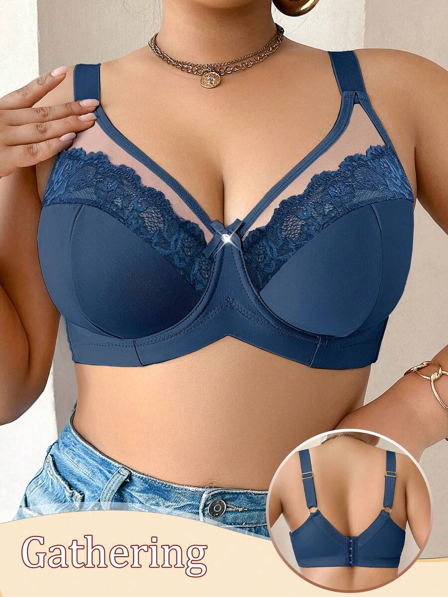 DesireSculpt 1pc Plus Size Women Solid Color Contrast Lace Fashion Underwire Bra - Blue - View 1