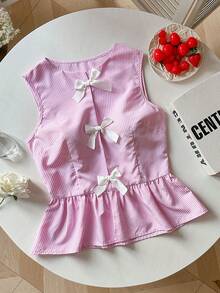 Sweetra Women's Spring/Summer French Romantic Pink Striped Hollow Lace-Up Bow Blouse - Pink - View 4