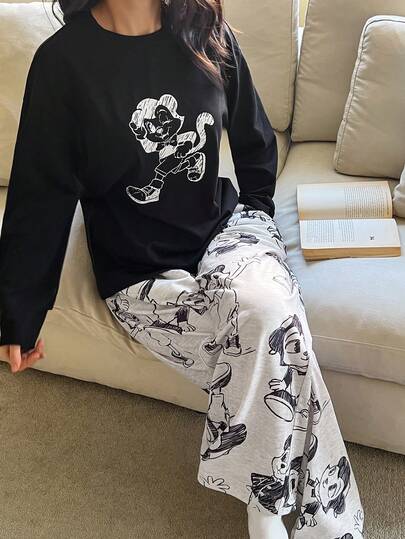 DAZY 可爱卡通印花长袖上衣和裤子女士睡衣套装